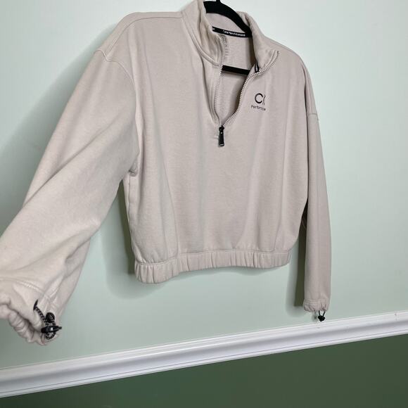 Calvin Klein Performance Long Sleeve 1/4 Zip Cropped Sweatshirt Pullover Cream L - Picture 3 of 10